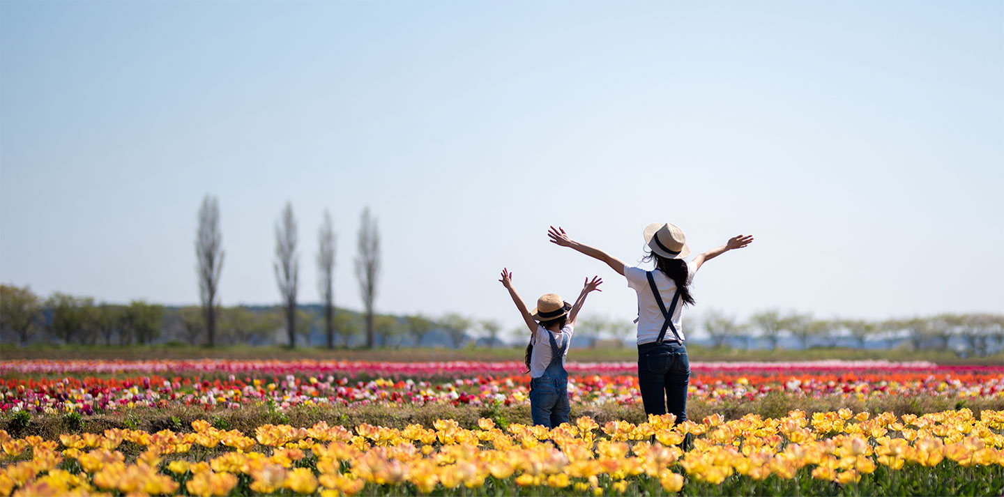 Family in garden of flowers