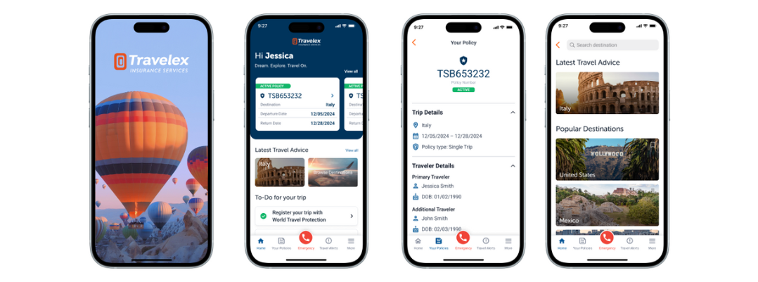 Four smartphone screen images of our Travelex travel app.