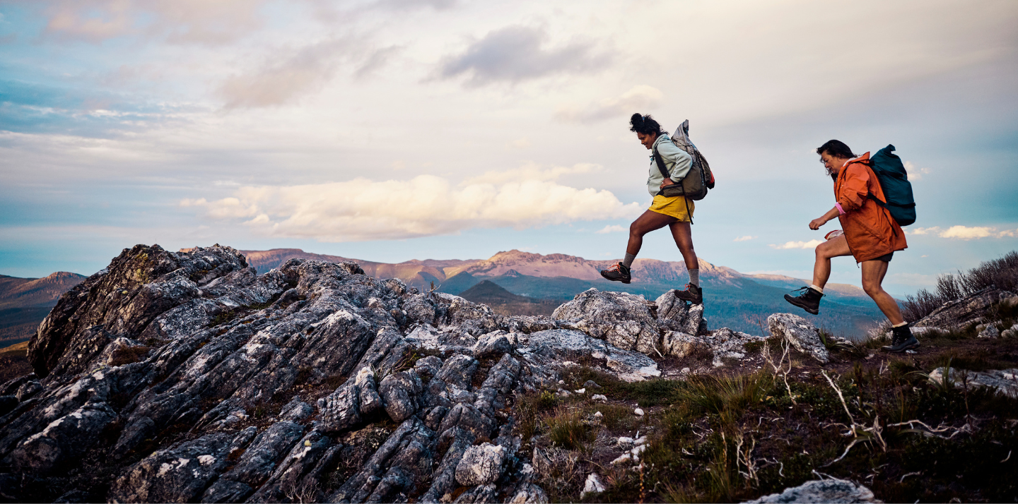 Two young women hiking in Tasmania, Australia with travel insurance for medical evacuation