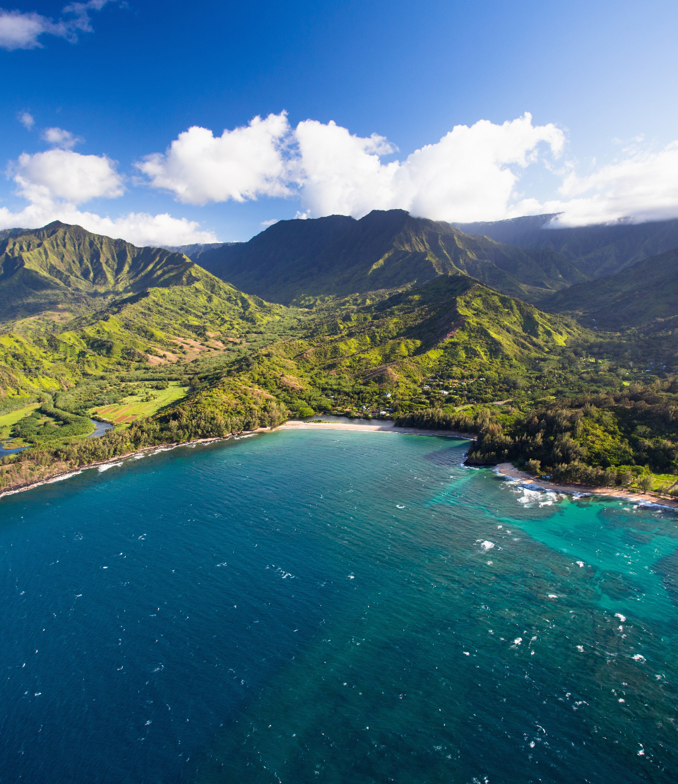 Aerial view of mountains, beach, and ocean in Kauai, where you can travel with Hawaii travel insurance