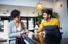 Woman and man talking